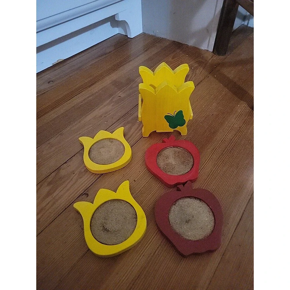 Vtg Tulip Apple Wooden Coaster Set Holder Yellow Red Country Farmhouse Butterfly
